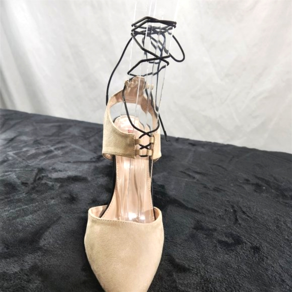 Red Cherry Nude With Black Elastic Wrap Sandals With 4 1/2" Stiletto Heels - Picture 3 of 6
